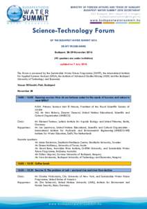 Science-Technology Forum OF THE BUDAPEST WATER SUMMIT 2016 DRAFT PROGRAMME Budapest, 28-29 NovemberAll speakers are under invitation) updated on 7 July 2016