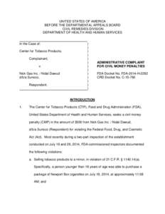 Administrative Complaint For Civil Money Penalties FDA Docket No. FDA-2014-H-2282 CRD Docket No. C