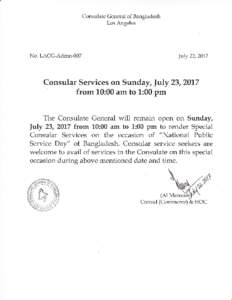 Consulate General of Bangladesh Los Angeles No. LACG-Admn-007  July 22,20\7
