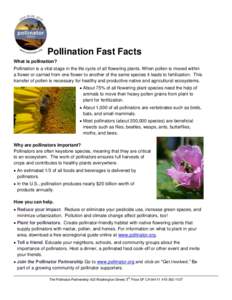 Pollination Fast Facts What is pollination? Pollination is a vital stage in the life cycle of all flowering plants. When pollen is moved within a flower or carried from one flower to another of the same species it leads 