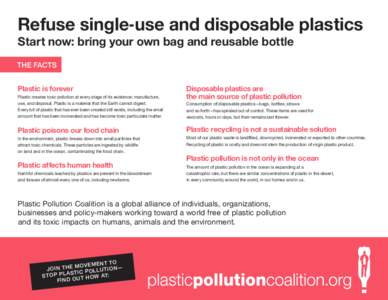 Refuse single-use and disposable plastics Start now: bring your own bag and reusable bottle The facts Plastic is forever Plastic creates toxic pollution at every stage of its existence: manufacture, use, and disposal. Pl