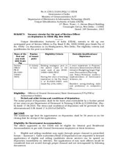 No.ASO/HQ)/11-UIDAI Government of India Ministry of Communications & IT Department of Electronics & Information Technology (DeitY) Unique Identification Authority of India (UIDAI) 2nd Floor, Tower – I, Jeevan