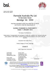 Auditor Number: BRC Site Code: Parmalat Australia Pty Ltd 93 Bannister Street