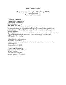 Alice E. Kober Papers Program in Aegean Scripts and Prehistory (PASP) Classics Department