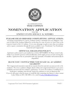 U.S. Representative  Tom Cotton Nomination Application FOR THE