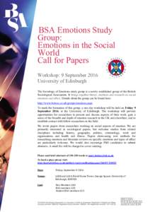 BSA Emotions Study Group: Emotions in the Social World Call for Papers Workshop: 9 September 2016