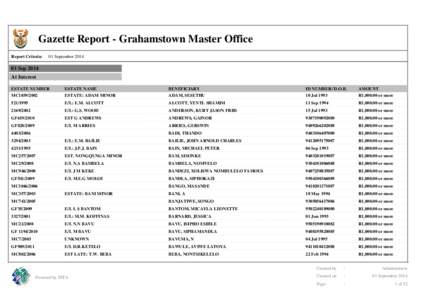 Gazette Report - Grahamstown Master Office Report Criteria: 01 SeptemberSep 2014