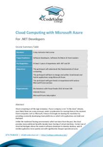 CodeValue C o lleg e Cloud Computing with Microsoft Azure For .NET Developers Course Summary Table