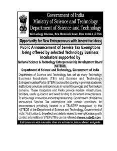 Notification  Annexure – I List of Science & Technology Entrepreneurship Parks (STEPs)/ Technology Business Incubators (TBIs) recognized by NSTEDB, DST, GOI for Service Tax Exemptions
