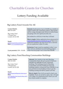 Charitable Grants for Churches Lottery Funding Available Big Lottery Fund Awards For All Contact Details: 
