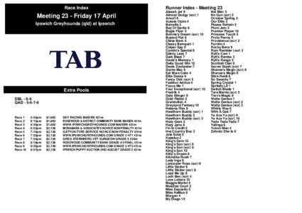 Race Index  Meeting 23 - Friday 17 April Ipswich Greyhounds (qld) at Ipswich  Extra Pools