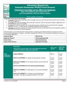 Information Required for Industrial Wastewater NPDES Permit Renewal Checklist to be filled out by DEQ and Applicant Note: If information is out of date at time of permit development, DEQ may request updates.