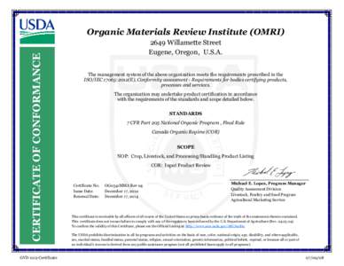 CERTIFICATE OF CONFORMANCE  Organic Materials Review Institute (OMRI) GVD 1012 Certificate