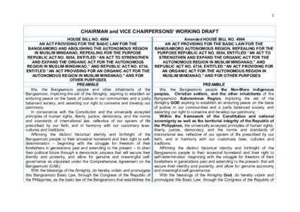 1  CHAIRMAN and VICE CHAIRPERSONS’ WORKING DRAFT HOUSE BILL NOAN ACT PROVIDING FOR THE BASIC LAW FOR THE BANGSAMORO AND ABOLISHING THE AUTONOMOUS REGION