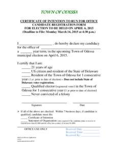 Certificate of Intention To Run For Office-Candidate Registration Form