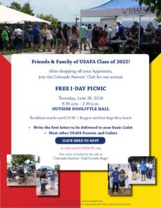 Friends & Family of USAFA Class of 2022! After dropping off your Appointee, join the Colorado Parents’ Club for our annual FREE I-DAY PICNIC Thursday, June 28, 2018