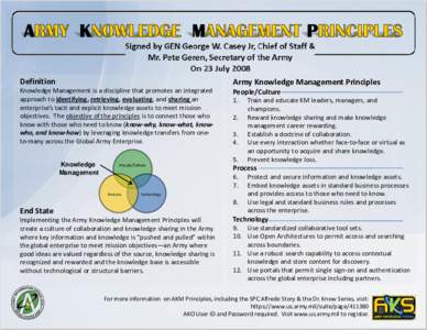 Definition  Army Knowledge Management Principles Knowledge Management is a discipline that promotes an integrated approach to identifying, retrieving, evaluating, and sharing an