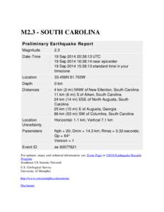 M2.3 - SOUTH CAROLINA Preliminary Earthquake Report Magnitude Date-Time  2.3