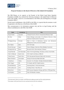 [removed]January 2014 Proposed Nominees to the Board of Directors of the Global LEI Foundation  The FSB Plenary, in its capacity as the Founder of the Global Legal Entity Identifier