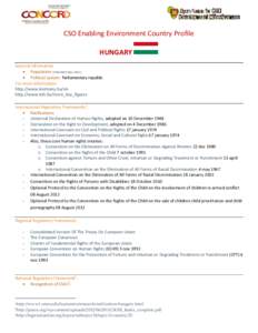 CSO Enabling Environment Country Profile HUNGARY General Information  Population: 9,982,000 (May 2012)  Political system: Parliamentary republic For more information: