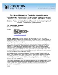 Stockton Named to The Princeton Review’s ‘Best in the Northeast’ and ‘Green Colleges’ Lists Stockton Praised for Faculty-Mentored Research, Service-Learning, Small Classes, Environmental Consciousness  For Imme