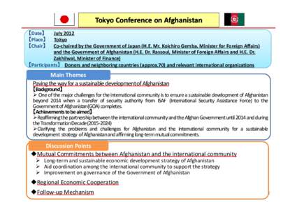 Tokyo Conference on Afghanistan July 2012 Tokyo Co-chaired by the Government of Japan (H.E. Mr. Koichiro Gemba, Minister for Foreign Affairs) and the Government of Afghanistan (H.E. Dr. Rassoul, Minister of Foreign Affai