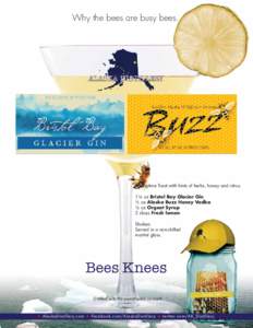 Why the bees are busy bees.  Springtime Treat with hints of herbs, honey and citrus. 1¼ oz Bristol Bay Glacier Gin ½ oz Alaska Buzz Honey Vodka ¼ oz Orgeat Syrup