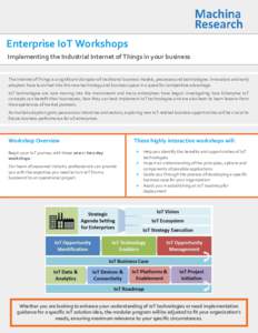 Enterprise IoT Workshops Implementing the Industrial Internet of Things in your business The Internet of Things is a significant disruptor of traditional business models, processes and technologies. Innovators and early 