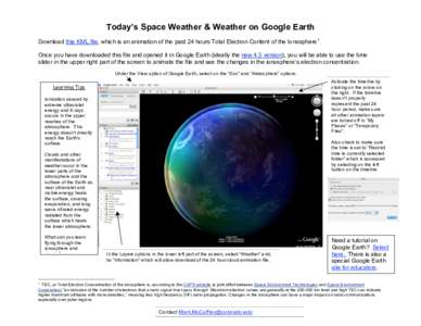 Today’s Space Weather & Weather on Google Earth Download this KML file, which is an animation of the past 24 hours Total Electron Content of the Ionosphere1. Once you have downloaded this file and opened it in Google E