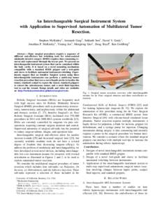 An Interchangeable Surgical Instrument System with Application to Supervised Automation of Multilateral Tumor Resection. Stephen McKinley1 , Animesh Garg2 , Siddarth Sen3 , David V. Gealy1 , Jonathan P. McKinley1 , Yimin