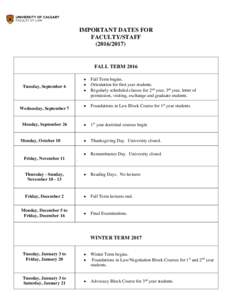 Microsoft Word - Important Dates for Faculty and Staff