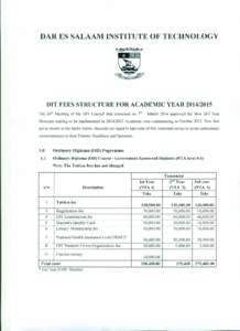 DAR ES SALAAM INSTITUTE OF TECHNOLOGY  DIT FEES STRUCTURE FOR ACADEMIC YEARThe 66th Meeting of the DIT Council that convened on 7th Structure starting to be implemented in