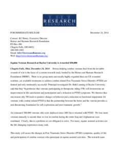 FOR IMMEDIATE RELEASE  December 24, 2014 Contact: KC Henry, Executive Director Horses and Humans Research Foundation