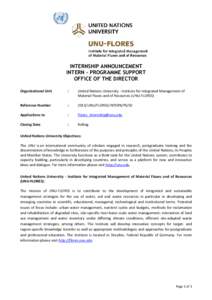 INTERNSHIP ANNOUNCEMENT INTERN – PROGRAMME SUPPORT OFFICE OF THE DIRECTOR Organizational Unit  :