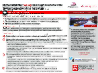 Direct Marketer Viking has huge success with Masterpiece branding campaign OCTOBER 2011 – PRESENT GOALS § Build positive brand association and heightened awareness among travel aficionados