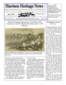 Published monthly by Harrison County Historical Society, PO Box 411, Cynthiana, KY, Vol. 7 No. 7 July 2006