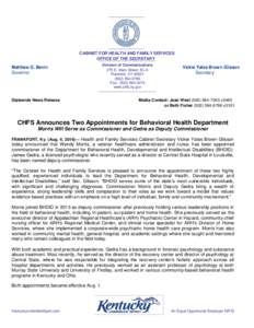 CABINET FOR HEALTH AND FAMILY SERVICES OFFICE OF THE SECRETARY Matthew G. Bevin Governor