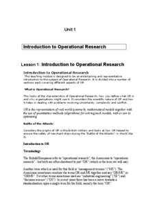 Unit 1  Introduction to Operational Research Lesson 1: Introduction to Operational Research Introduction to Operational Research