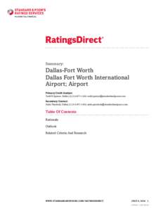 Summary:  Dallas-Fort Worth Dallas Fort Worth International Airport; Airport Primary Credit Analyst: