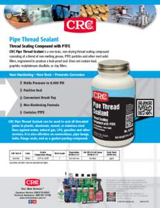 Pipe Thread Sealant Thread Sealing Compound with PTFE CRC Pipe Thread Sealant is a non-toxic, non-drying thread sealing compound consisting of a blend of non-melting grease, PTFE particles and other inert solid fillers, 