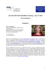 PLANETARY BOUNDARIES Workshop – July 2nd 2014 List of participants Organizers  
