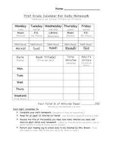 Name ___________________ First Grade Calendar For Daily Homework Calendario de Tareas Primero de Primaria Monday