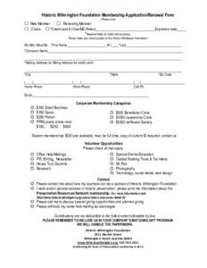 Historic Wilmington Foundation Membership Application/Renewal Form (Please print) ☐ New Member ☐ Renewing Member ☐ Check ☐ *Credit card # (Visa/MC/Amex)________________________________Expiration date_____