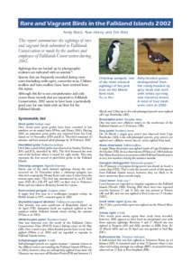 Rare and Vagrant Birds in the Falkland Islands 2002 Andy Black, Alan Henry and Tim Reid This report summarises the sightings of rare and vagrant birds submitted to Falklands Conservation or made by the authors and