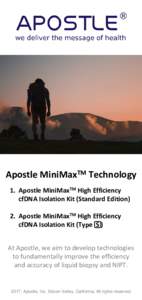 Apostle MiniMaxTM Technology 1. Apostle MiniMaxTM High Efficiency cfDNA Isolation Kit (Standard Edition) 2. Apostle MiniMaxTM High Efficiency cfDNA Isolation Kit (Type S ) At Apostle, we aim to develop technologies