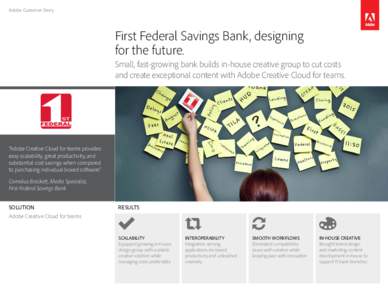 Adobe Customer Story  First Federal Savings Bank, designing for the future. Small, fast-growing bank builds in-house creative group to cut costs and create exceptional content with Adobe Creative Cloud for teams.
