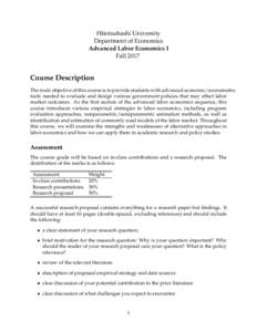 Hitotsubashi University Department of Economics Advanced Labor Economics I FallCourse Description