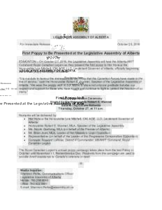 LEGISLATIVE ASSEMBLY OF ALBERTA For Immediate Release October 25, 2016  First Poppy to Be Presented at the Legislative Assembly of Alberta