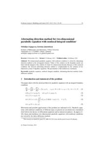 Nonlinear Analysis: Modelling and Control, 2012, Vol. 17, No. 1, 91–Alternating direction method for two-dimensional parabolic equation with nonlocal integral condition∗