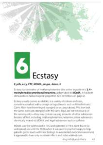 6  Ecstasy E, pills, eccy, XTC, MDMA, pingas, Adam, X Ecstasy is a derivative of methamphetamine (the active ingredient is 3, 4–